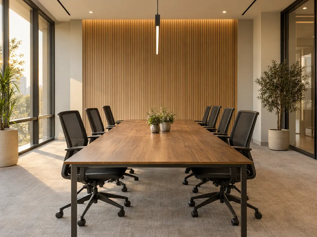 Modern conference room with a walnut table and black chairs