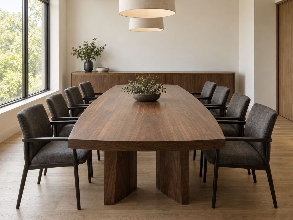 Custom walnut conference table with matching credenza in a bright boardroom