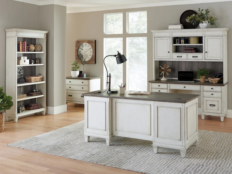 White Desk with Hutch – Bright desk and hutch for a home office.