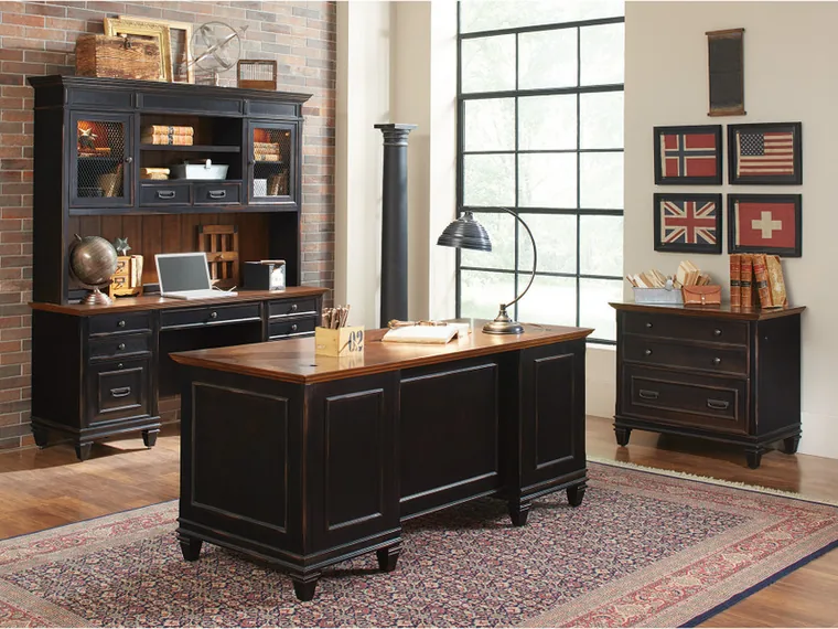 Black Desk with Hutch – Desk, credenza and hutch in a dark finish.