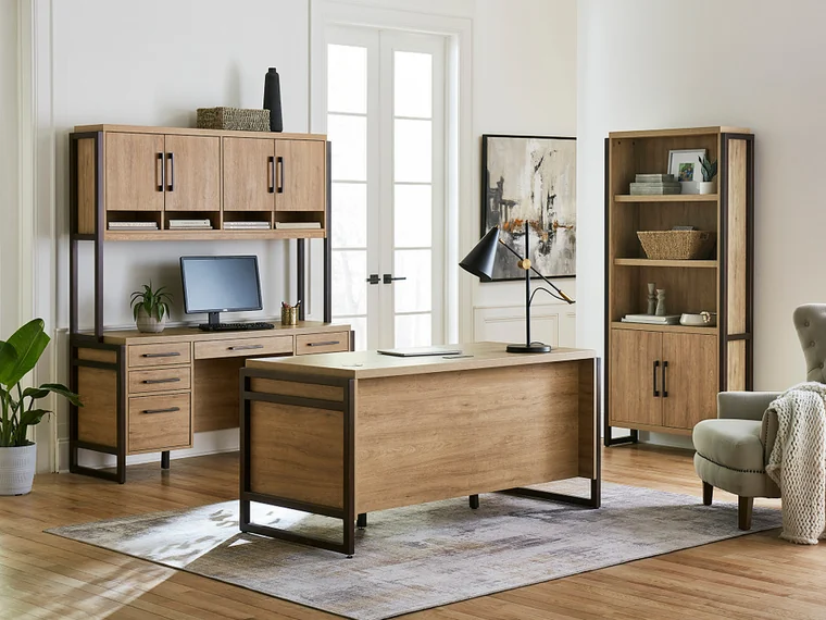 Wood Desk with Hutch – Warm wood desk with open hutch shelves.