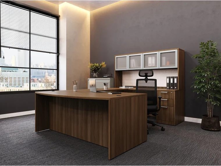 Walnut Desk with Hutch – Walnut desk with a credenza and hutch.