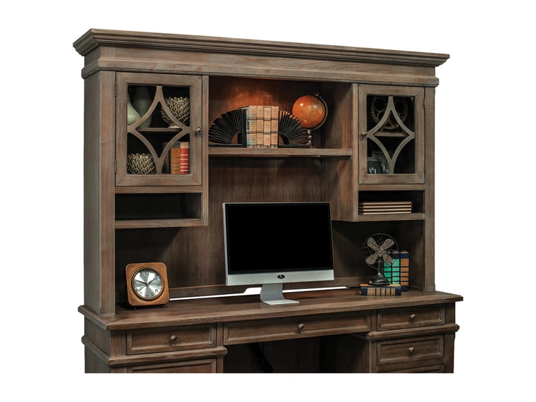 Traditional Desk with Hutch – Classic wood desk with glass-door hutch.