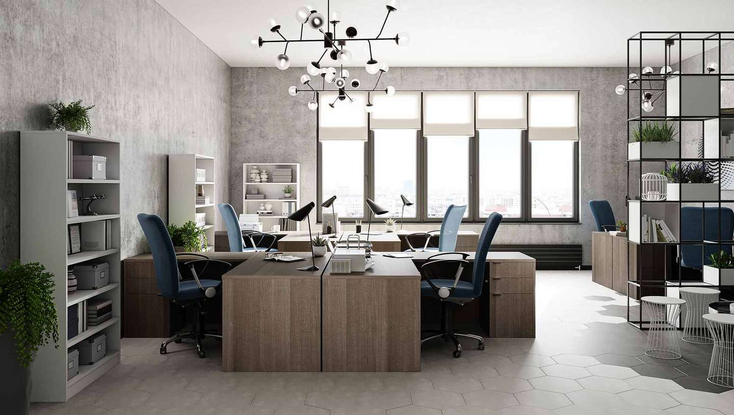Wood private office suites with L-shaped desks and storage