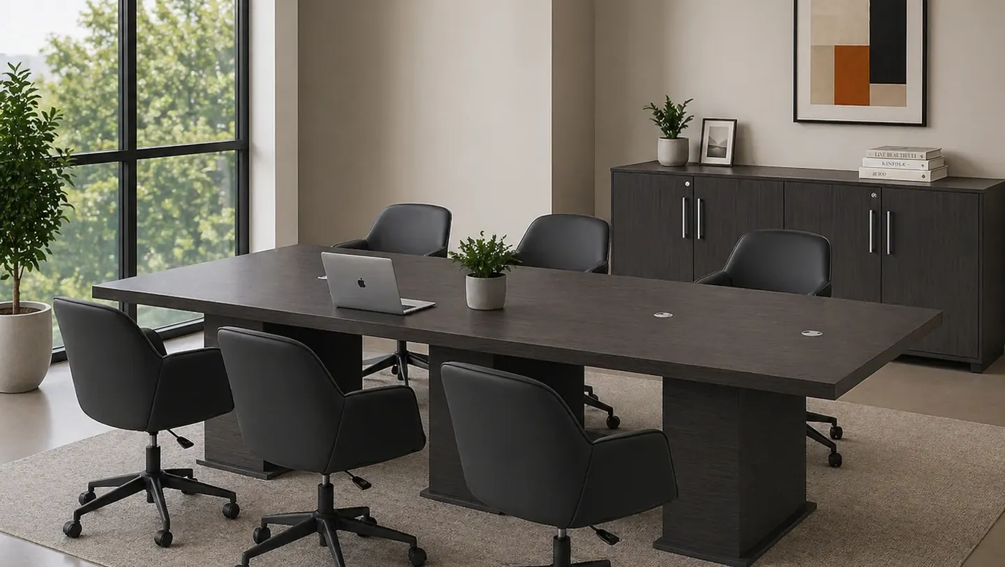 Conference room with a long boardroom table and black leather chairs