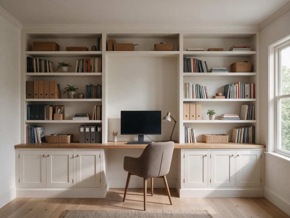 Built-In Desk & Shelves – A desk built into a wall of shelves and cabinets.