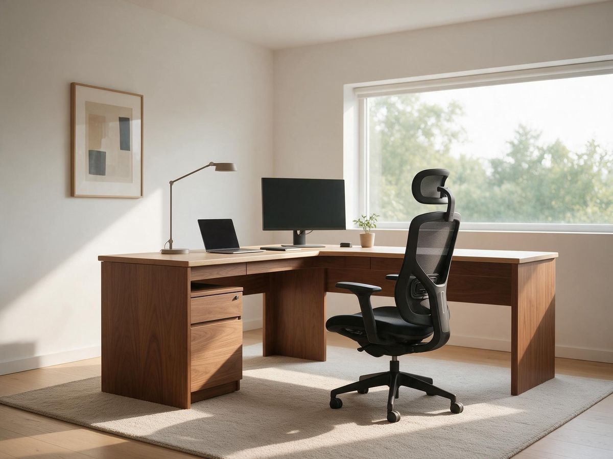 L-Shaped Desk – A big L-shaped desk with an ergonomic chair.