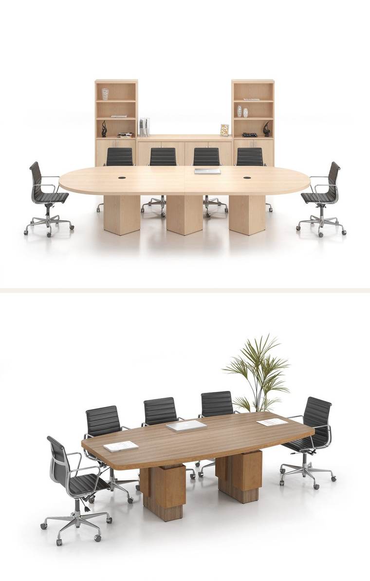 Boat-Shaped Conference Table – Boat-shaped table with shelving behind.