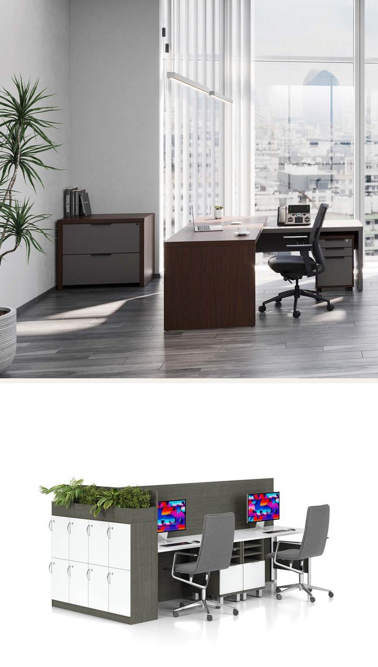 Lucca Desks and Storage – Walnut / charcoal or cypress / pearl two-tone finishes.
