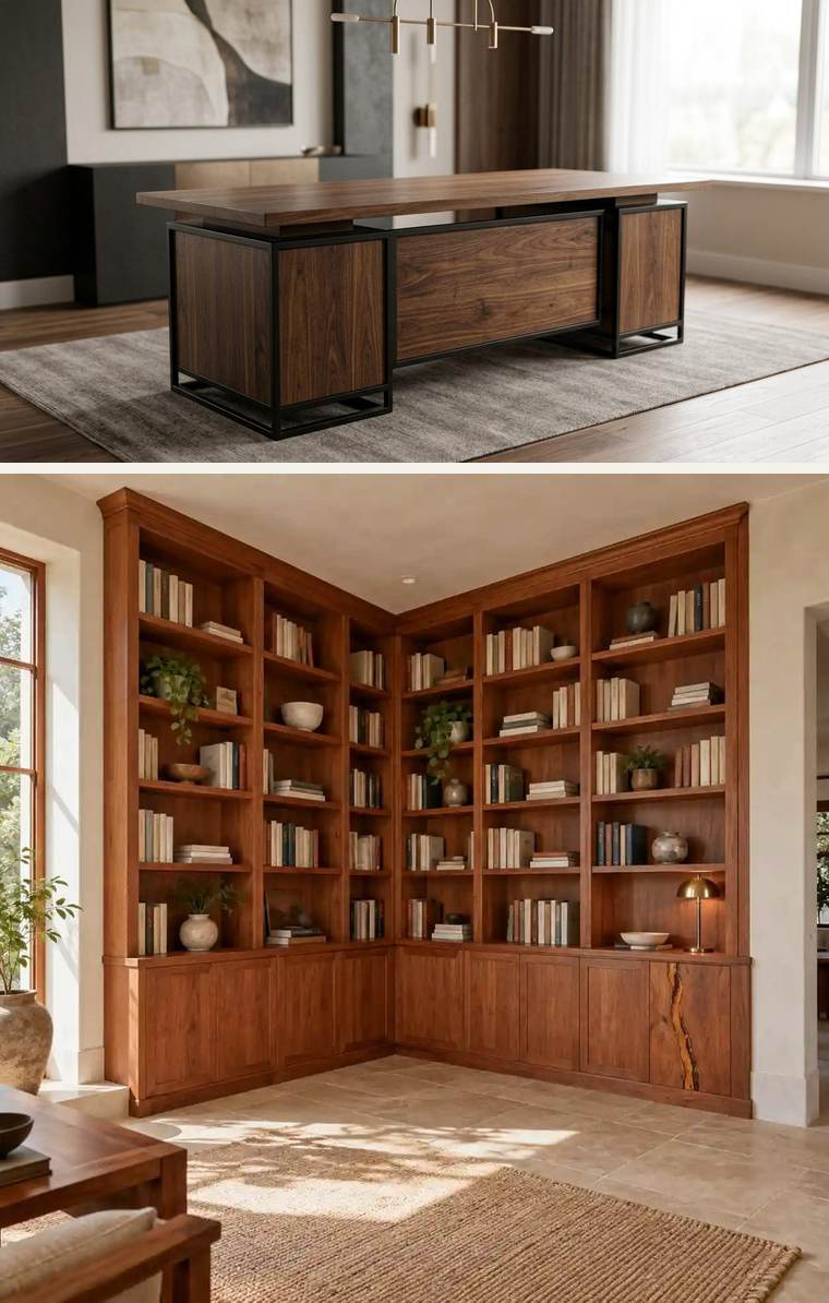 Executive Desk – Wide desk with a metal and wood base.