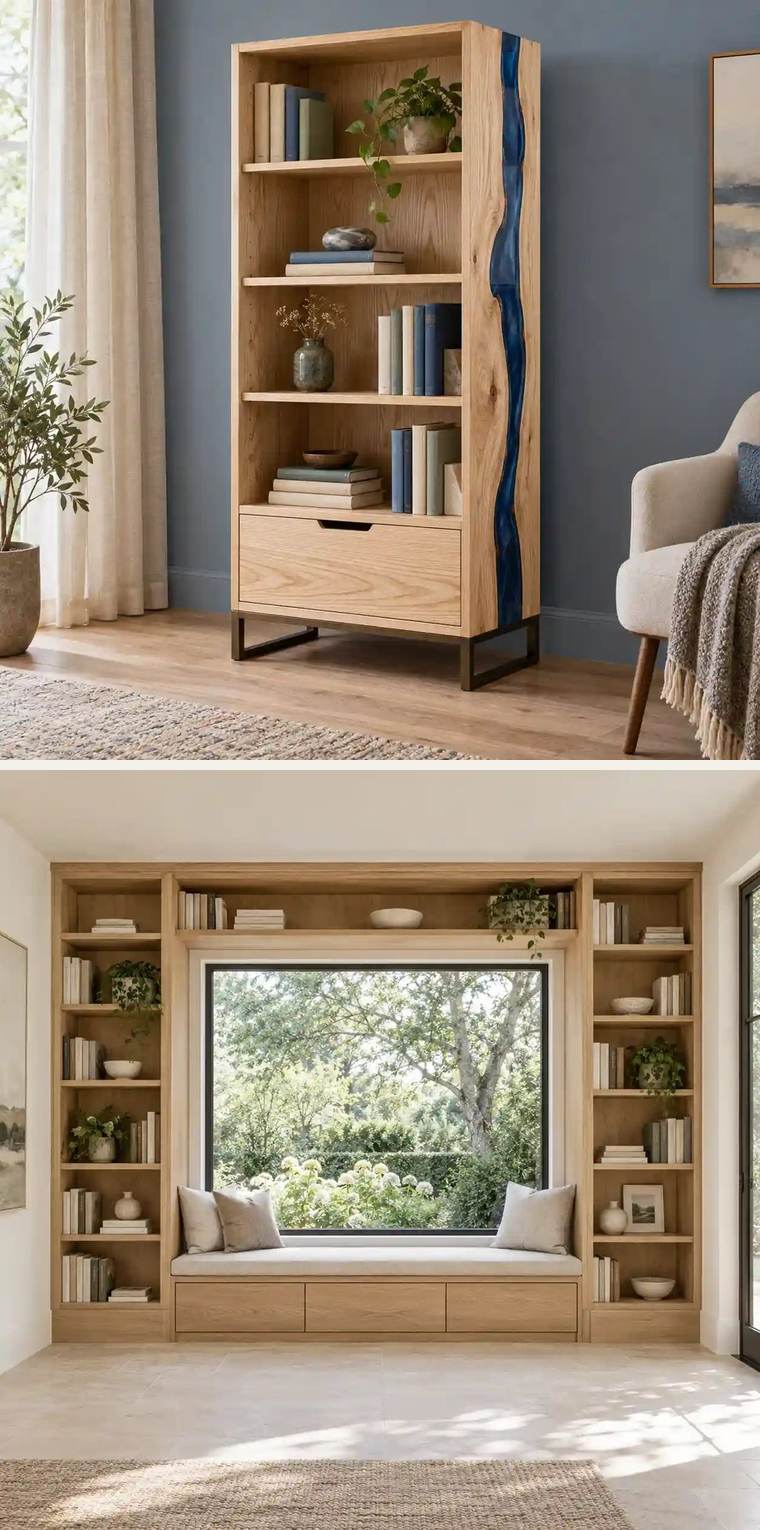 Bookcase with Inlay – Wood bookcase with a blue inlay.