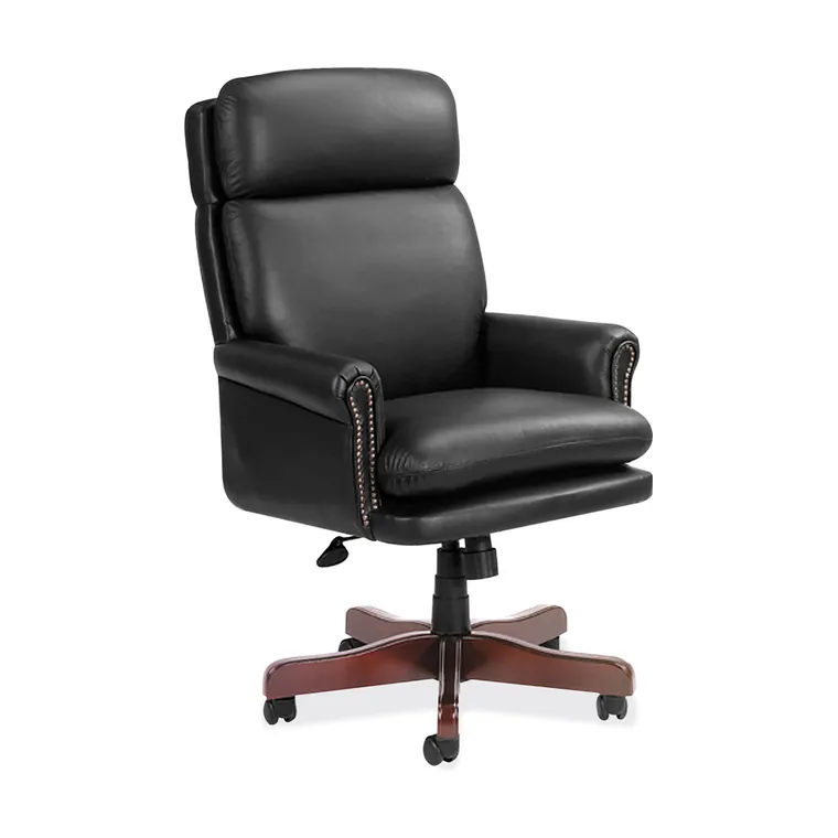 Executive Chair – High-back leather chair with wood frame.