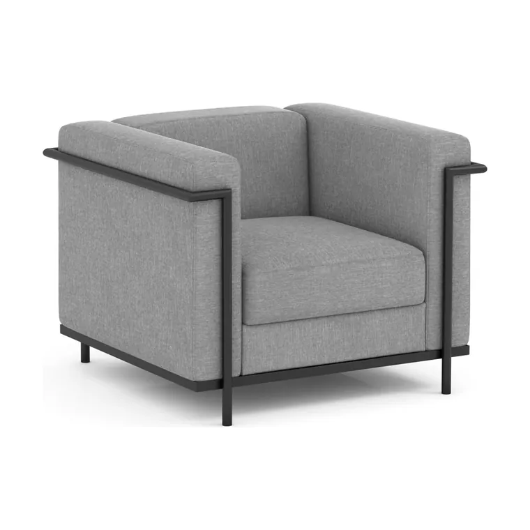 Club Chair – Upholstered chair on a black metal frame.