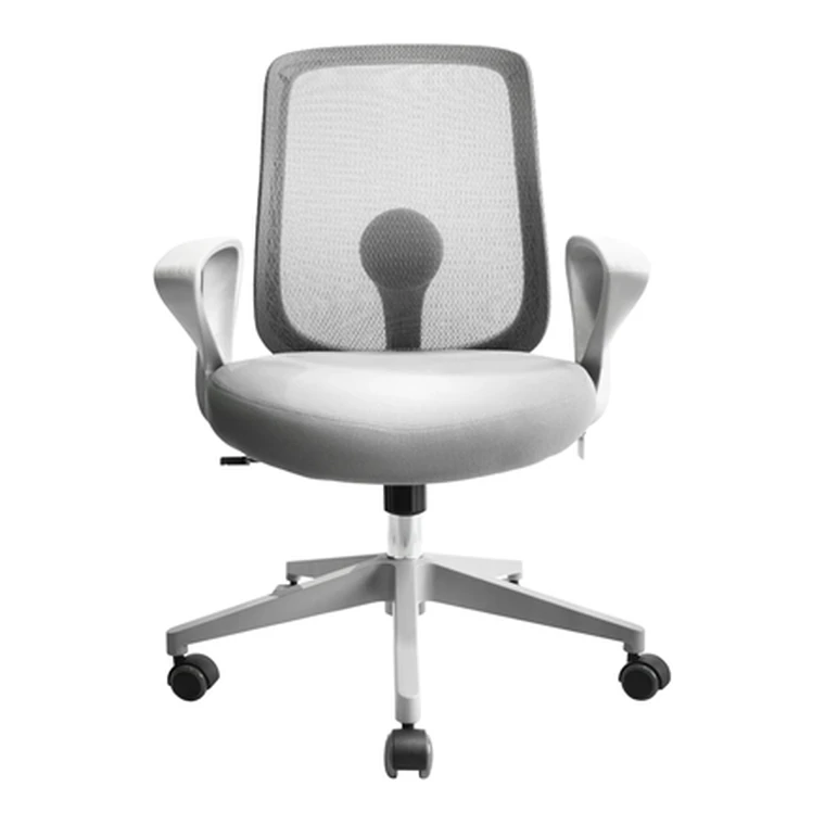 White-Frame Mesh Chair – Mesh back with a white frame.