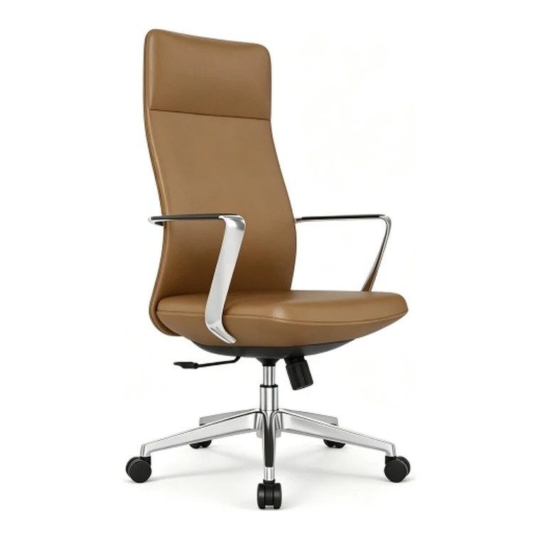 Tan Leather High-Back Chair – Slim high back with chrome arms.