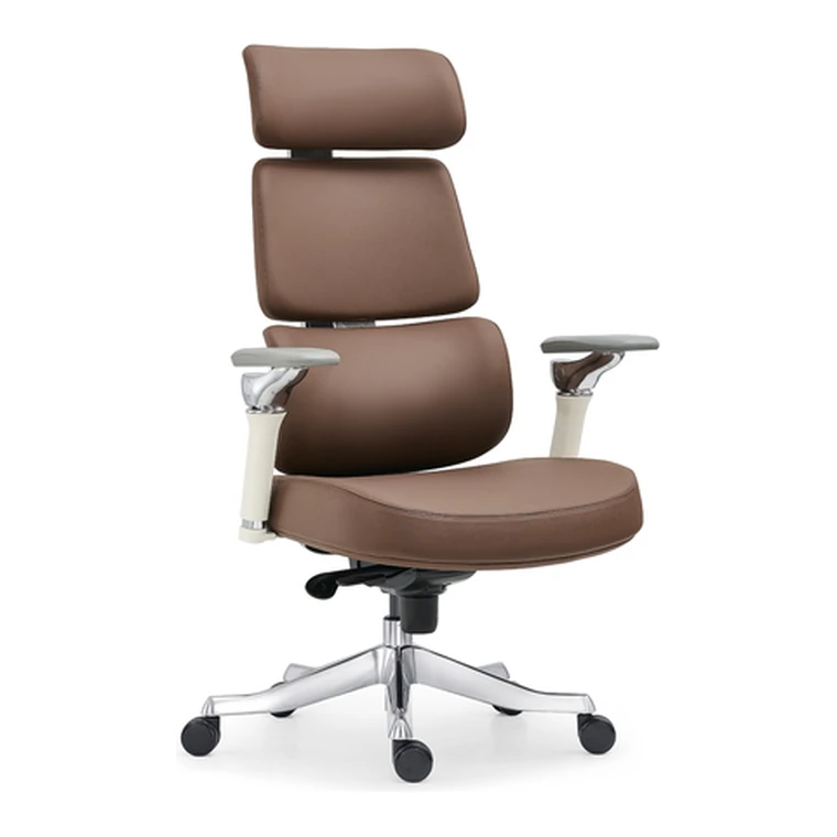 Brown Ergonomic Executive Chair – Leather with headrest and lumbar support.
