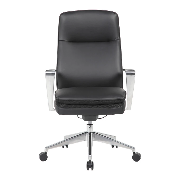 Leather High-Back Chair – Padded high back with chrome arms.