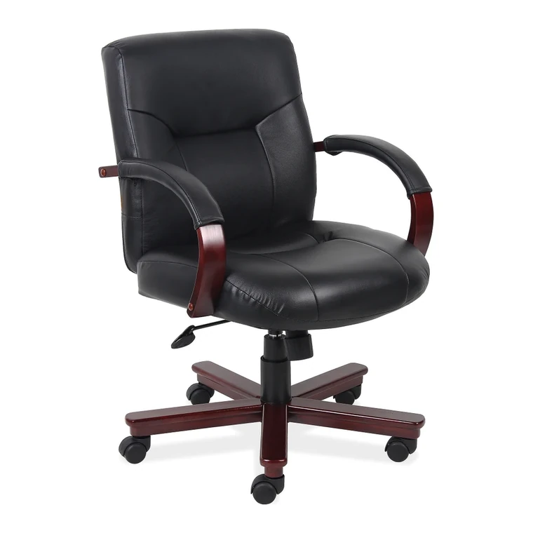 Wood-Accent Executive Chair – Leather with warm wood arms.
