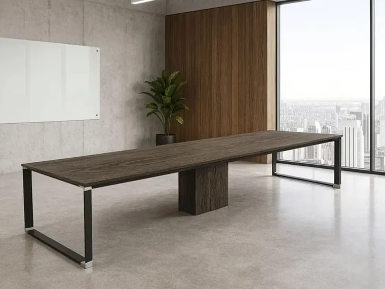 Open-Frame Table – Dark wood top on a black steel frame.