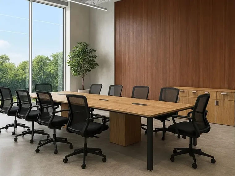 Walnut Meeting Table – Warm wood table for team meetings.