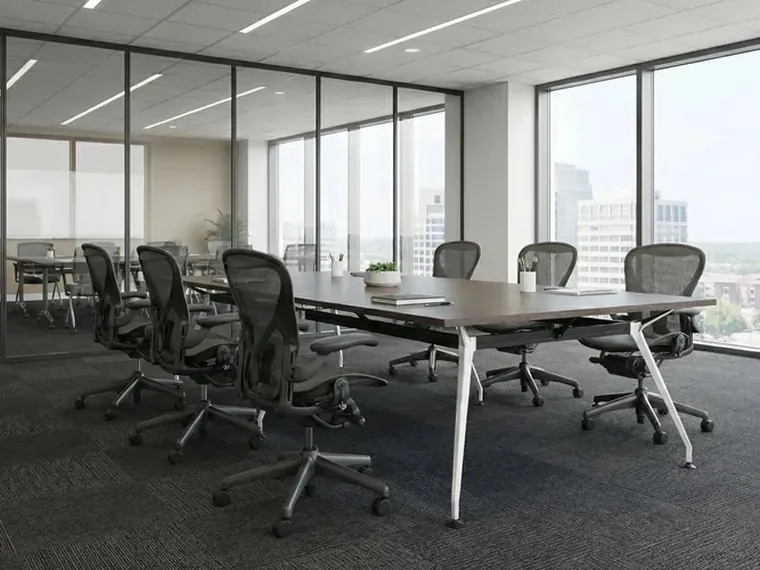 Glass-Wall Meeting Room – Slim table on angled metal legs.