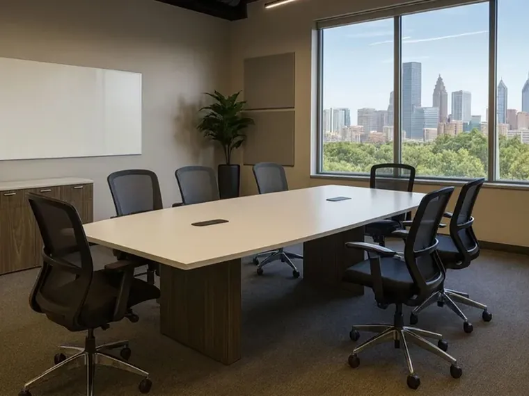 Two-Tone Conference Table – Light top on dark wood bases.